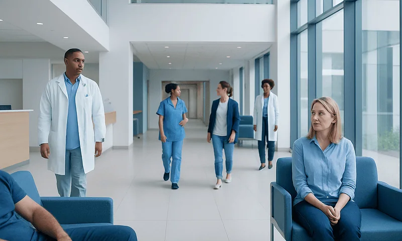 Medical team in hospital lobby with patients and staff in modern healthcare facility.