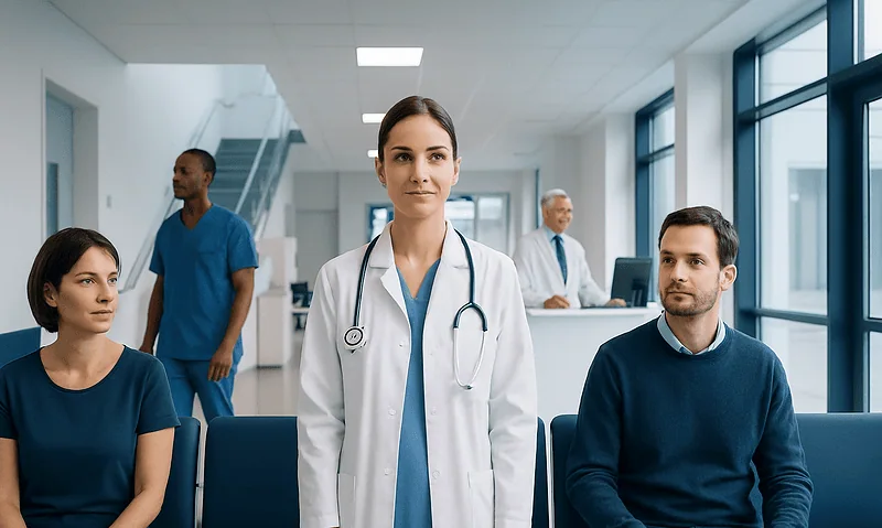 Medical team in hospital waiting area with doctor and patients.