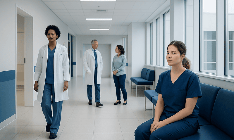 Healthcare professionals and patient in hospital corridor at Acibadem Hospitals Group.