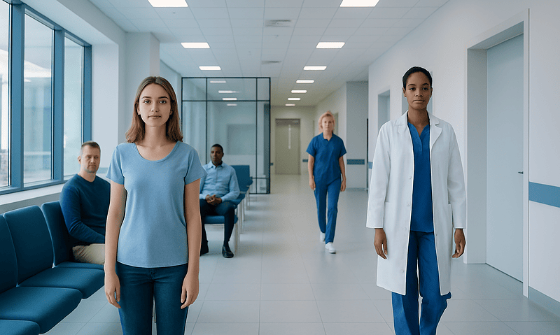 Medical staff and patients in a hospital corridor at Acibadem Hospitals Group.