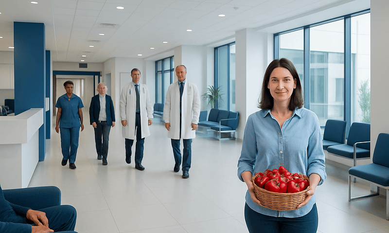 Hospital staff and a woman holding a basket of red vegetables in a modern hospital lobby.