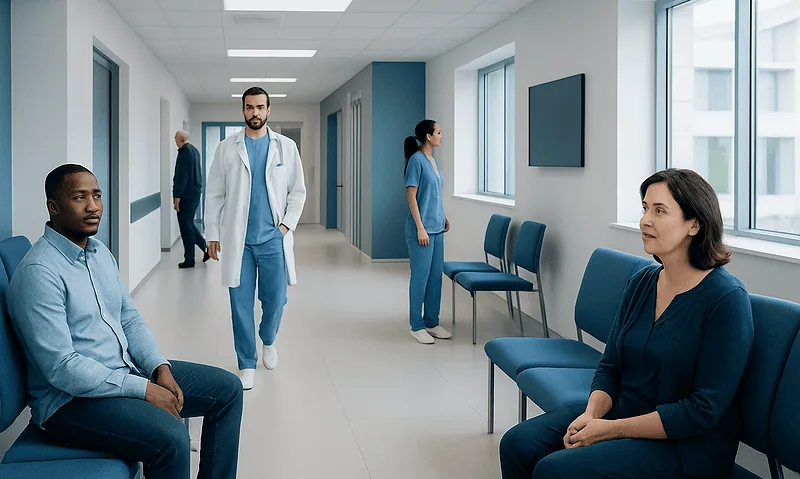 Hospital corridor with patients and medical staff waiting and talking.