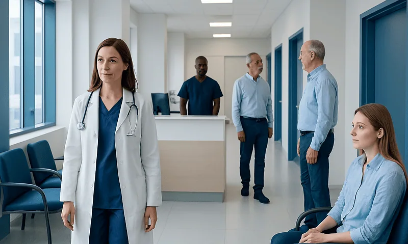 Medical professionals and patients in a hospital corridor at Acibadem Hospitals Group.