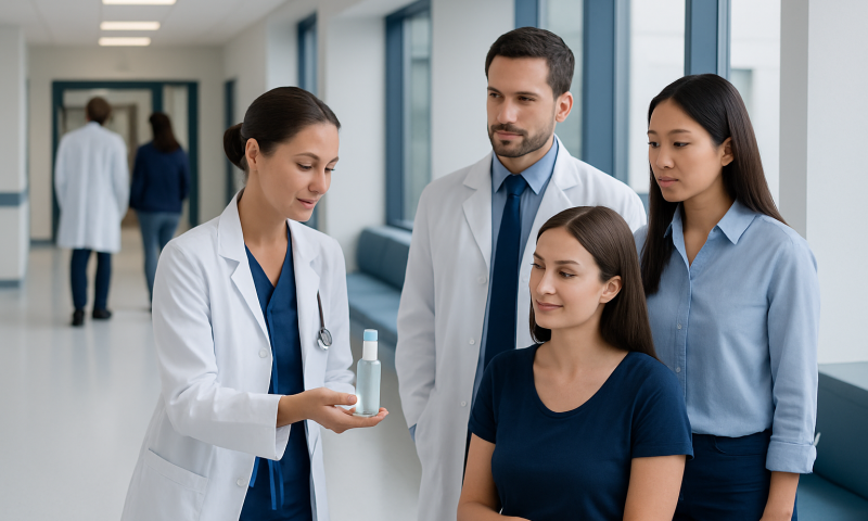 Medical professionals discussing skincare product in hospital corridor.