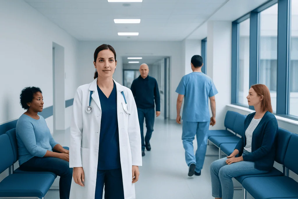 Skin Tags on Vigina: An Evidence-Based Guide for Patients 1 Healthcare professionals and patients in a hospital corridor.