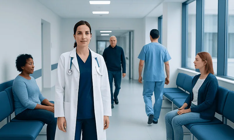 Healthcare professionals and patients in a hospital corridor.
