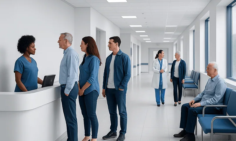 Patients and staff in a hospital waiting area and reception.