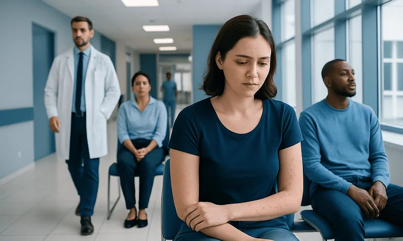 Patients waiting in a hospital corridor with a healthcare professional present.