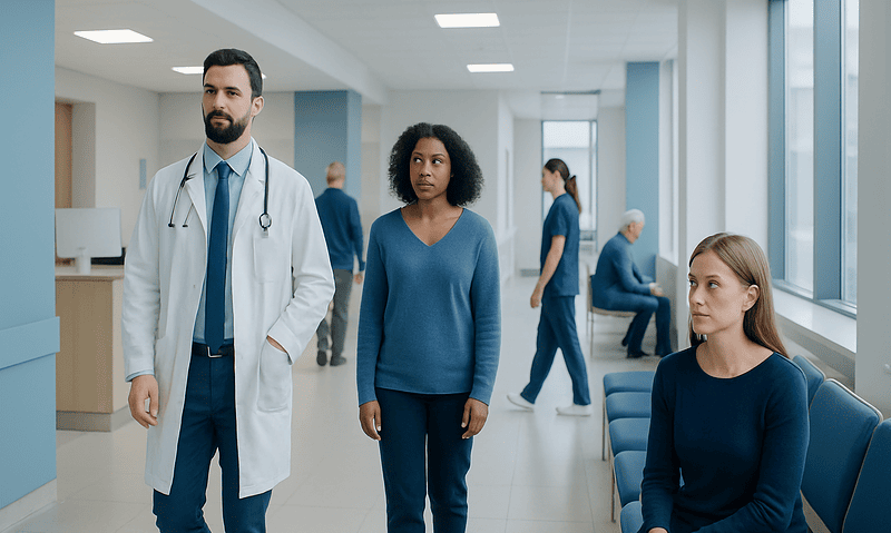 Medical professionals and patients in a hospital corridor at Acibadem Hospitals Group.