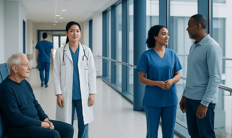 Medical professionals and patient in a hospital corridor at Acibadem Hospitals Group.