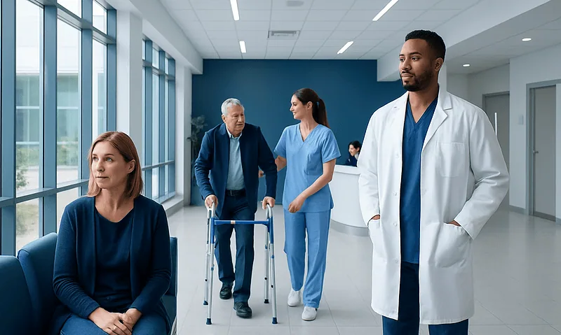 Medical staff and patient in a modern hospital corridor.
