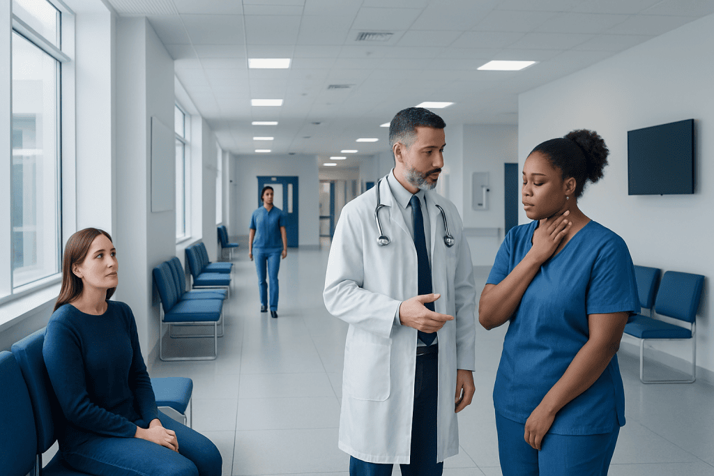 What Are? A Doctor-Reviewed Answer 1 Doctor consulting with nurse in hospital corridor with patient sitting nearby.