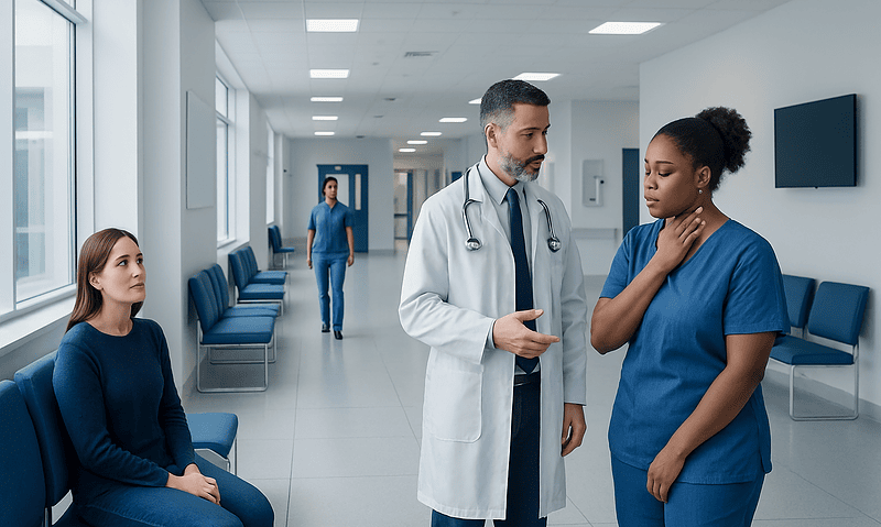Doctor consulting with nurse in hospital corridor with patient sitting nearby.