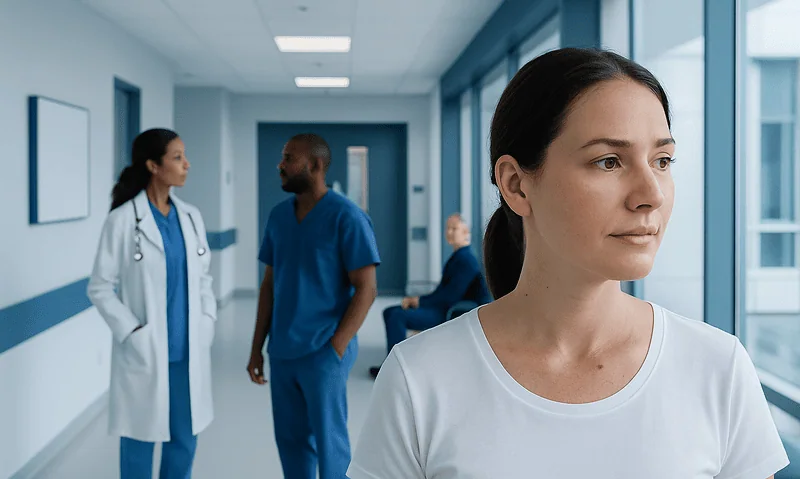 Patient waiting in hospital corridor with medical staff nearby.