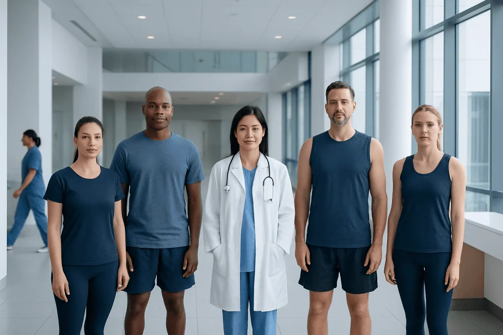 5 Components of Fitness: An Evidence-Based Guide for Patients 1 Diverse medical team in hospital corridor with large windows.