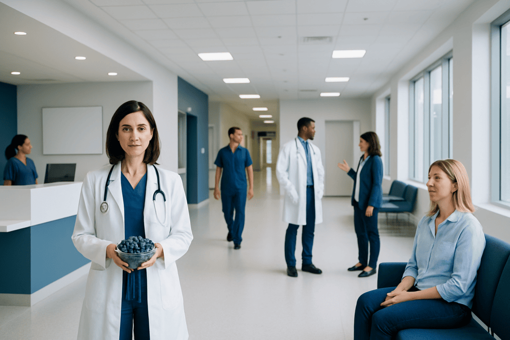 Advantages of blueberry fruit: A Complete Medical Guide for Patients 1 Medical professionals and patients in a modern hospital corridor.