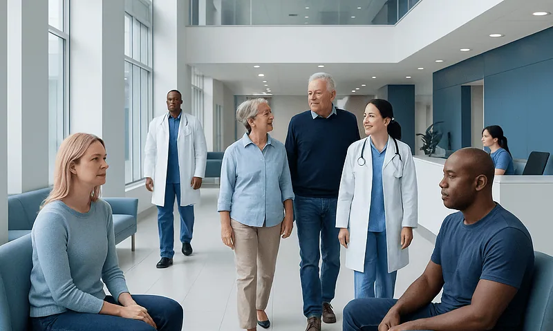 Patients and doctors in a hospital lobby engaging in a health consultation.