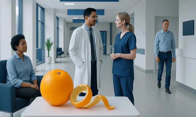 Medical professionals discussing in hospital corridor with orange peel on table.