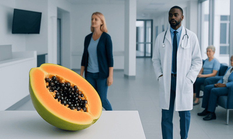 Papaya with black seeds in a hospital setting for health benefits.