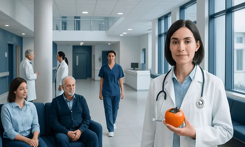Doctor holding a tomato in a hospital corridor with patients and staff.