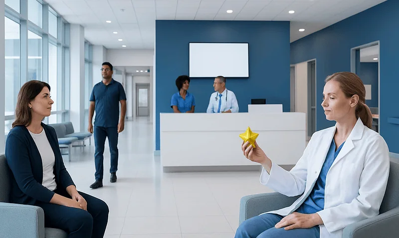Doctor holding a star-shaped object in a hospital waiting area.