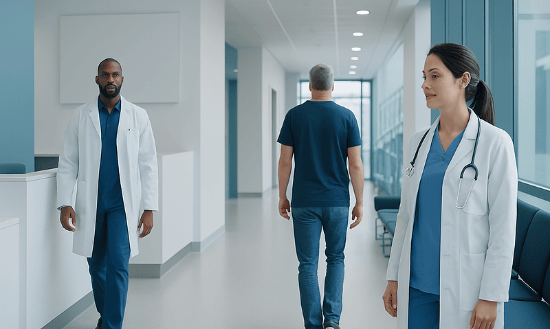 Healthcare professionals and patient in hospital corridor at Acibadem Hospitals Group.