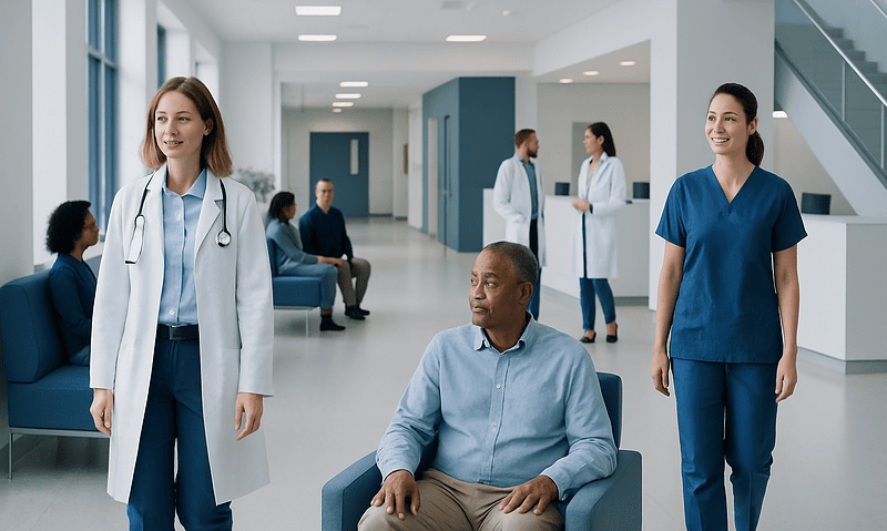 Hospital waiting area with medical staff and patient in a modern healthcare facility.