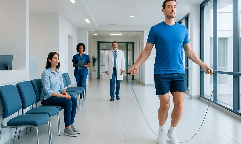 Young man skipping rope in a hospital corridor with medical staff nearby.