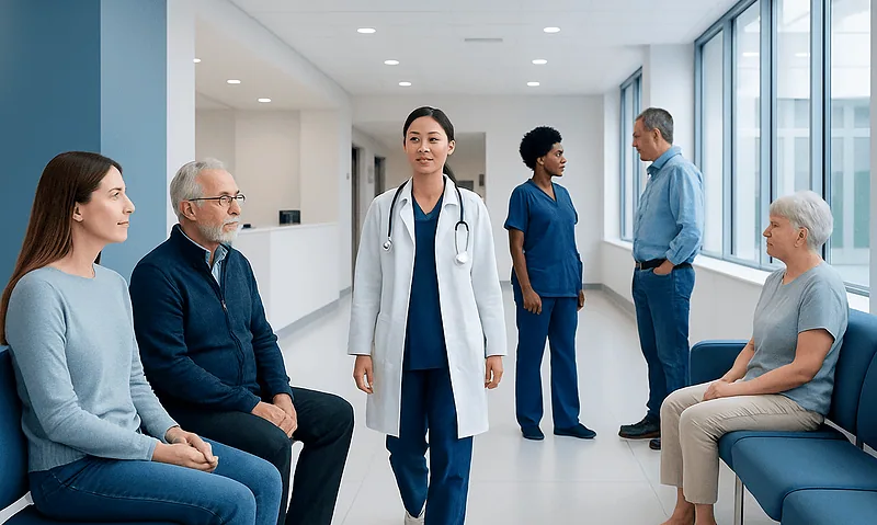 Medical consultation in a modern hospital corridor with diverse healthcare professionals.