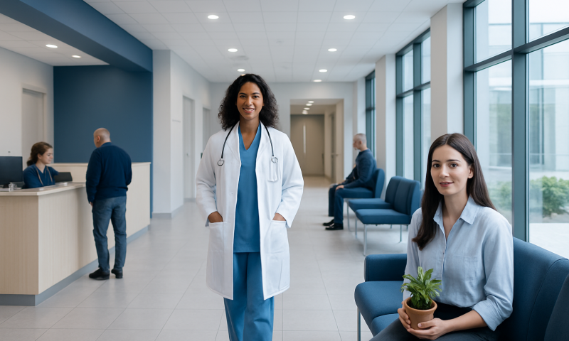 Healthcare professionals and patients in a modern hospital corridor.
