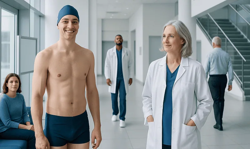 Benefits of Swimming: Evidence-Based Benefits, Risks, and Practical Guidance 6 Young male patient smiling with healthcare professionals in hospital corridor.