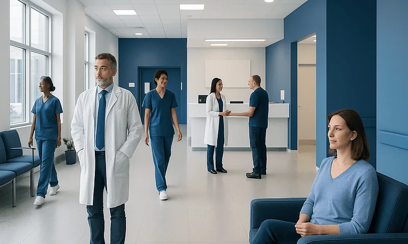 Best Evening Exercises at Home: What Patients Need to Know 4 Modern hospital waiting area with medical staff and patient seating.