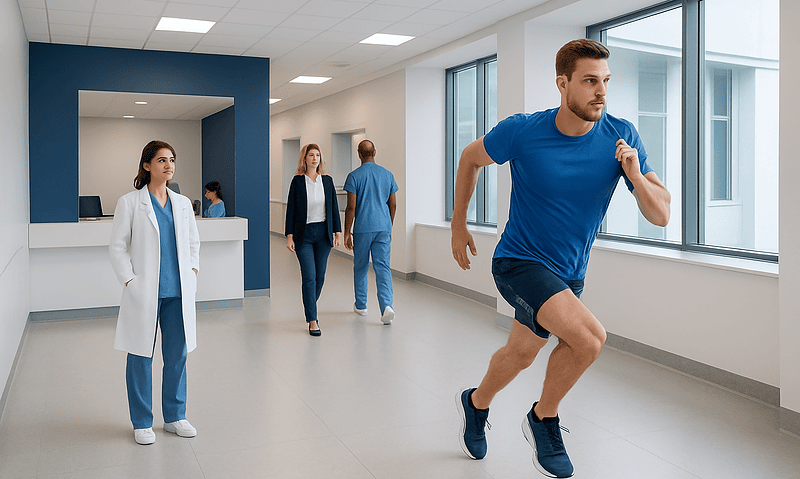 Young man sprinting in a hospital corridor with medical staff nearby.