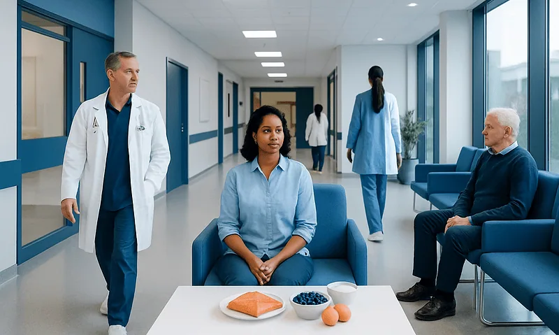Hospital waiting area with patients and medical staff in a modern facility.