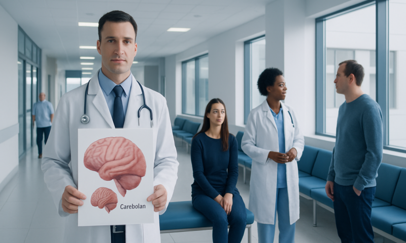 Doctor holding brain diagram in hospital corridor for neurological health.