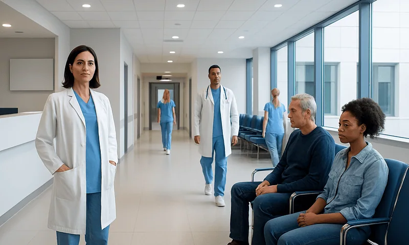 Medical staff and patients in a modern hospital corridor.