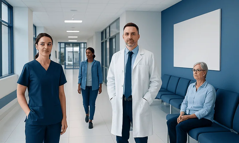 Medical professionals in a hospital corridor with patients and staff.
