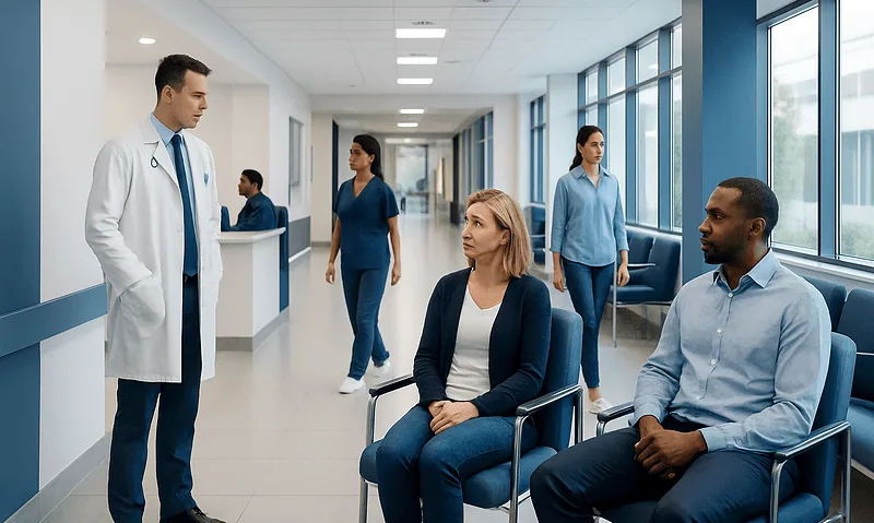 Patients waiting in a hospital corridor with medical staff nearby.
