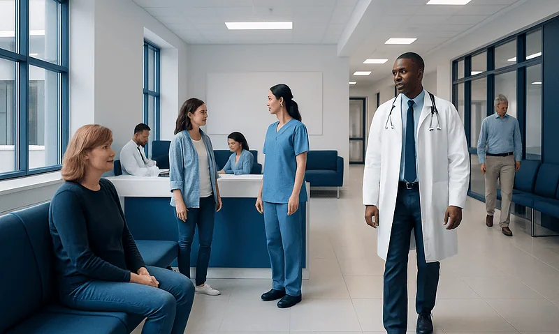 Medical professionals and patients in a hospital waiting area.