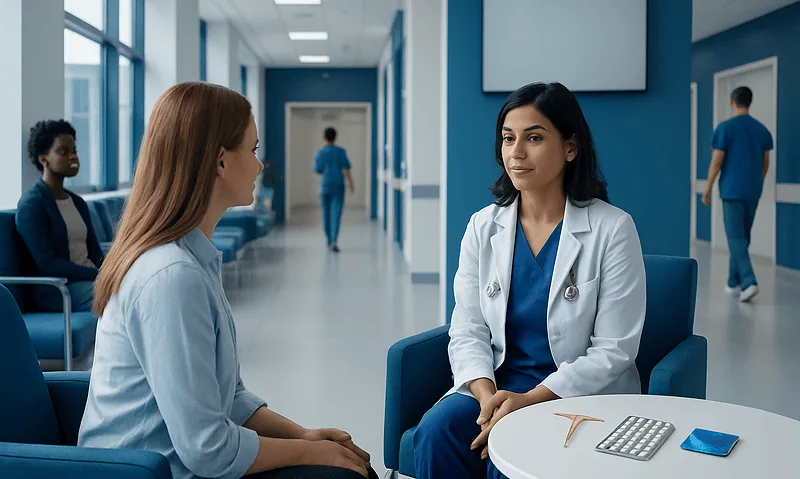 Doctor consulting with a patient in a modern hospital corridor.
