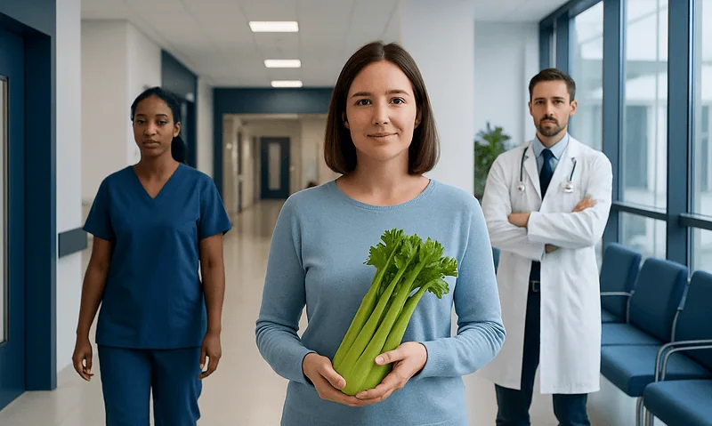 Woman holding celery in hospital corridor with medical staff in background.