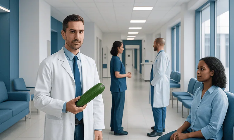 Doctor holding a cucumber in a hospital corridor with colleagues in the background.