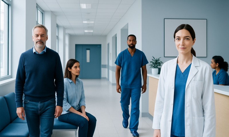 Medical team in hospital corridor with doctor and patients.