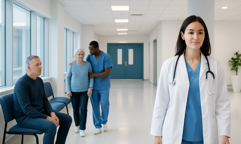 Healthcare professionals and patient in a hospital corridor.