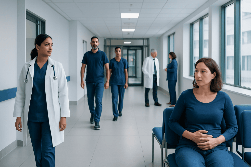 Kombucha Dangers: A Complete Medical Overview 1 Hospital corridor with medical staff and a patient sitting in a chair.