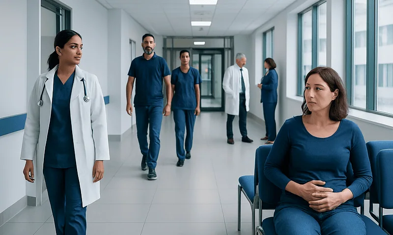 Hospital corridor with medical staff and a patient sitting in a chair.
