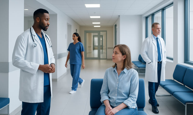 Medical professionals and patient in hospital corridor for healthcare services.