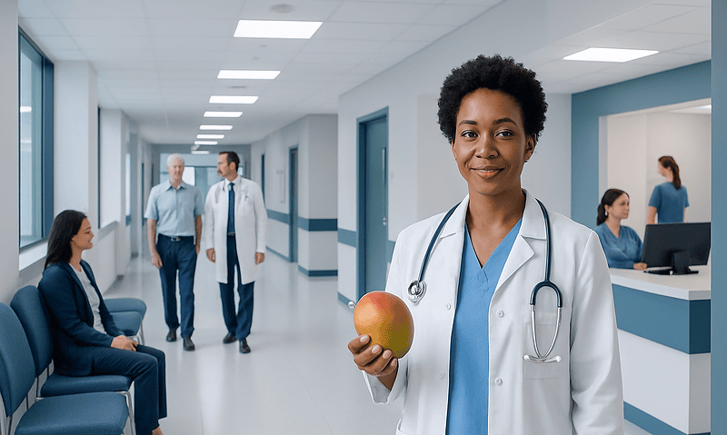 Doctor holding an apple in a hospital corridor for health and nutrition.