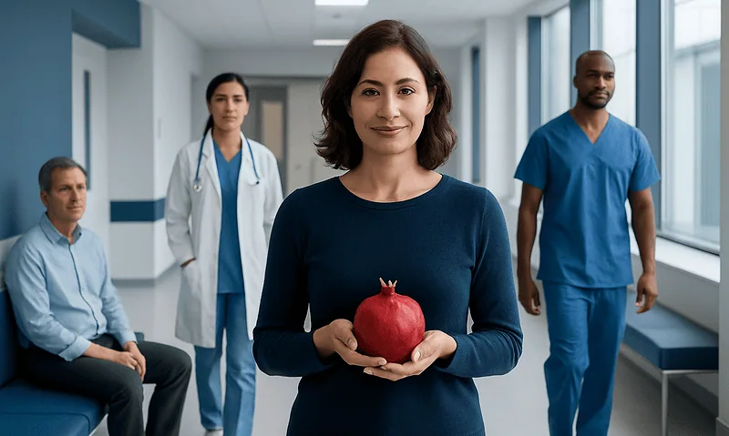 Pomegranate Benefits: What Patients Need to Know 10 Healthcare professionals with a woman holding a pomegranate in a hospital corridor.