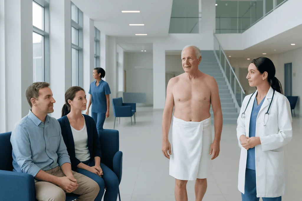 Sauna Advantages: An Evidence-Based Guide for Patients 1 Elderly man at hospital check-up with medical staff and visitors.